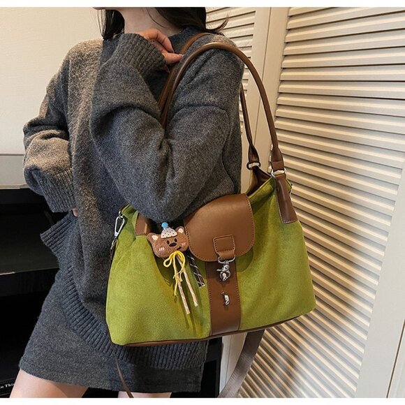 Chartreuse Suede Look Tote Bag - Crossbody Strap & Casual Cool! - Picture 2 of 9